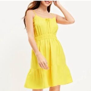 LOFT Bright Yellow Spaghetti-Strap Linen blend tiered dress with tie neck